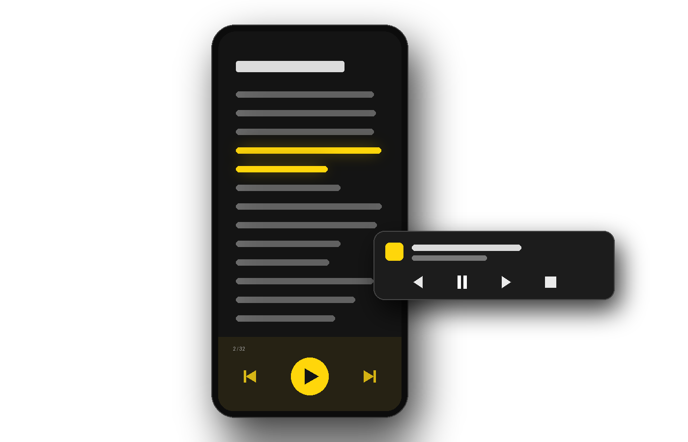 A phone reading a book aloud with the current sentence highlighted, next to a notification with the playback controls